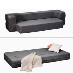 Folding Couch Bed, Flip Out Convertible Sofa Bed, Comfy Floor Couches for Small Spaces, Memory Foam Mattress, Linen Fabric Dark Grey