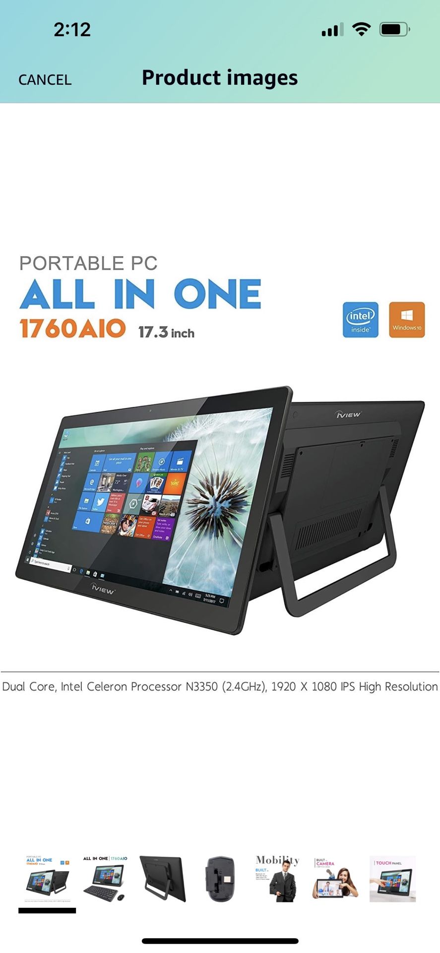 iView 1760AIO All in One Computer/Tablet, 17.3" IPS 1920 x 1080 Touch Screen, Intel Apollo Lake N3350 CPU, 4GB/32GB (Upgradable), Windows 10, WiFi 2.4