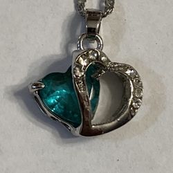 925 Silver Double Heart Teal Stone With Cz Diamonds Necklace 