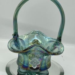 Fenton Glass Basket green floral  ruffled top- Hand Painted & signed J. Cutshaw