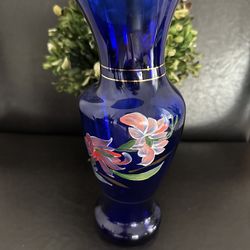 Bohemian Czech Art Glass Cobalt Blue Hand Painted 9" Vase.