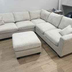 New Corduroy Fabric Sectional.  Off White / Beige.  99” X 99”.  Free Delivery!