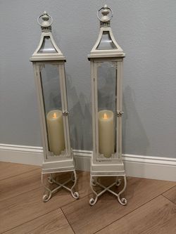 Tall Cream/White Metal Floor Lanterns – Set of 2