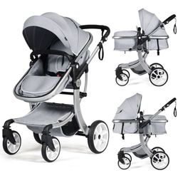 Full Size Baby Stroller W/ Detachable Cradle Grey/Silver