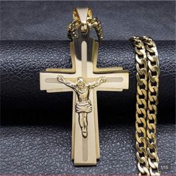 Jesus Cross Necklace Stainless Steel Chain Men's Silver Cross Religious Necklace Jewelry