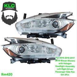 For 2015 2016 2017 2018 Nissan Murano with Halogen Headlight Assembly Left Right Driver Passenger Side Pair Set 2Pcs