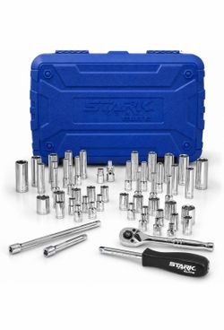 Stark USA 55-Pieces 1/4" Socket Set, Drive Socket Wrench Set, 1/4-inch Quick-Release Ratchets 90-Tooth Pear Head Ratchet SAE (5/32-9/16) MM (4-14) 353