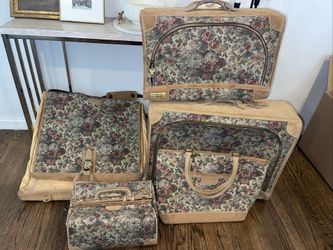French Luggage Co Floral Rose Tapestry Suede Leather Vintage USA