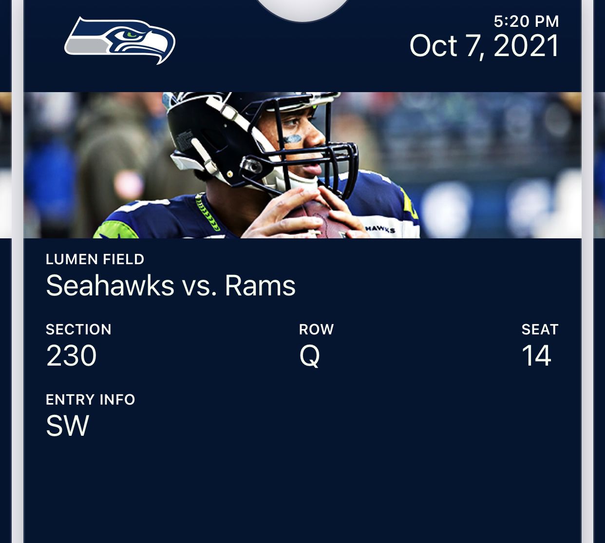 Seahawks Vs Rams Ticket- Lower 200 Level Undercover - 1x Great