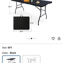 Folding Table 6ft Portable Heavy Duty Plastic Fold-in-Half 6 Foot Foldable Table Utility Dining Indoor Outdoor for Camping Picnic and Party, Black 