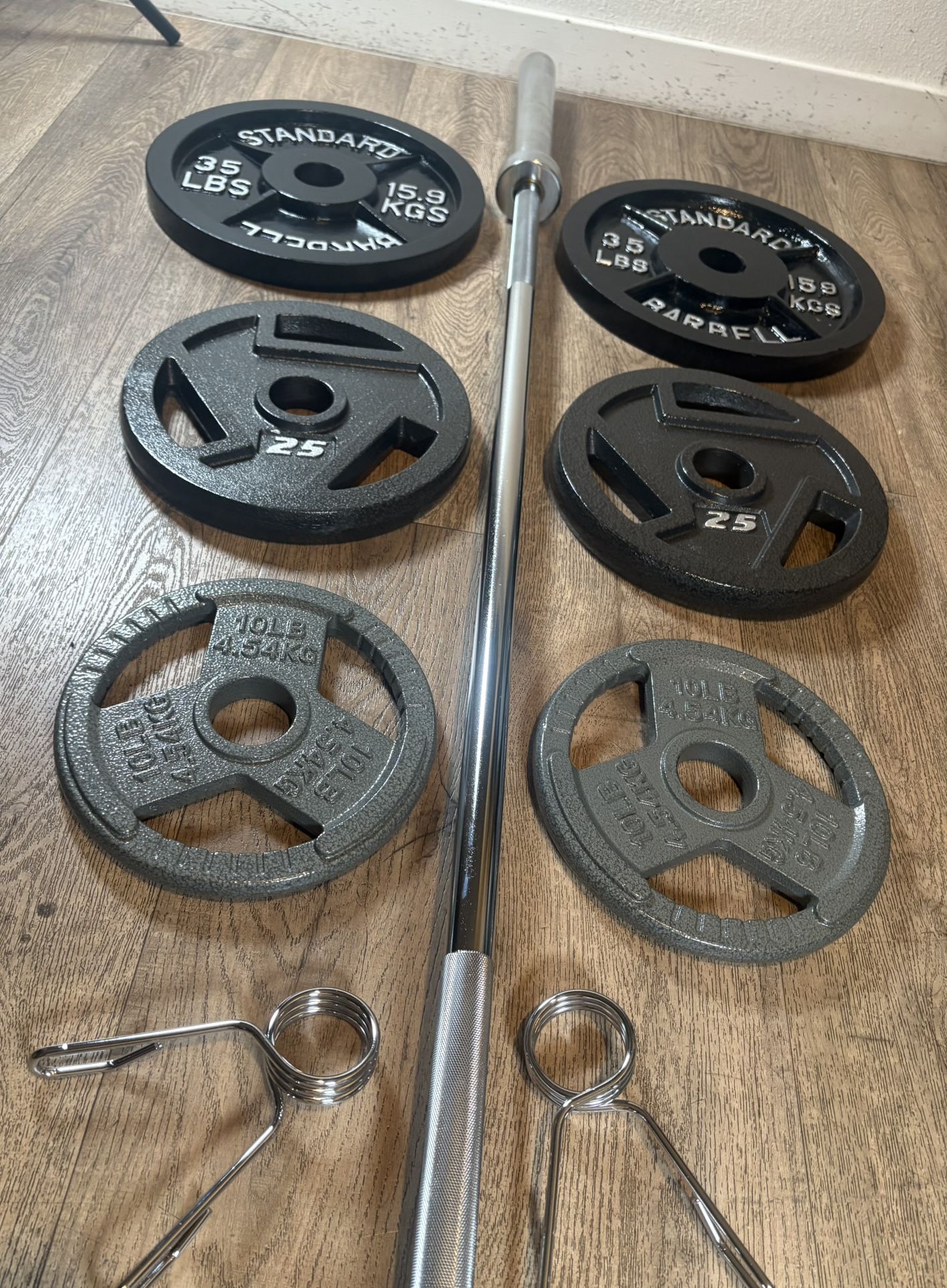 CUZ NEED THE $$ NEW Olympic Equipment: 6 ft Silver Bar & Weight Plates 35s, 25s, and 10s lbs. Total: 180 lbs [ NO, No Better Price]