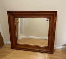 Mirror solid wood frame crown molding beveling warm medium brown stain mirror