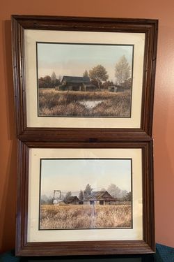 Pair Of Vintage Gene Speck Matted And Framed Farmhouse Prints 23”x19”x2”