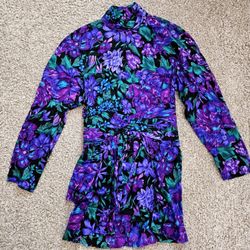 Maggy London '80s VTG Women's Long Sleeve Purple Green Floral Silk Dress Sz 10