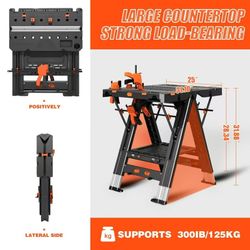 🥨LARBANKE Heavy-Duty 2-in-1 Folding Workbench 31x25x32in Waterproof, Adjustable Height w/4 Clamps & Blocks | Garage & Outdoor Work Table