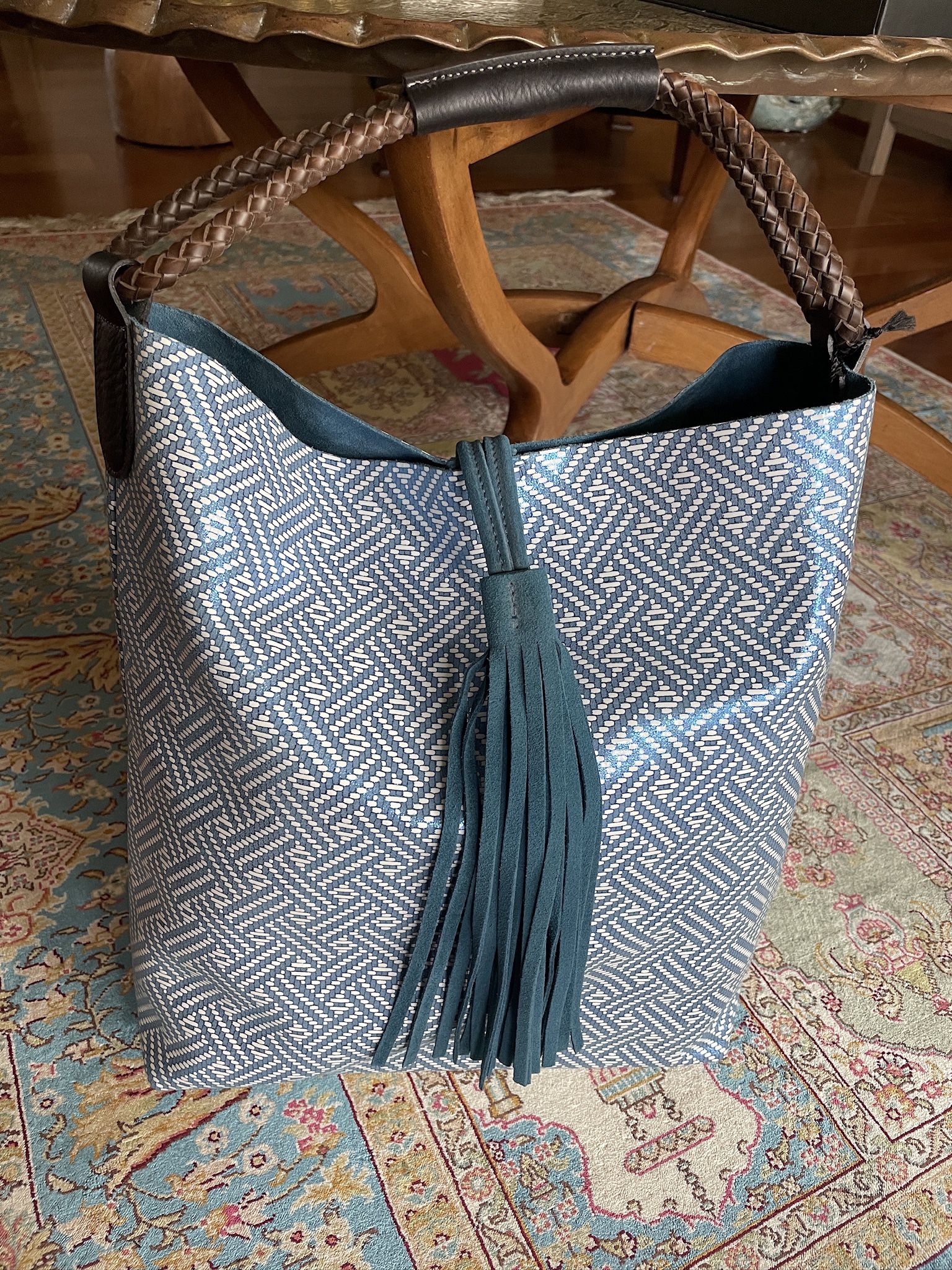 Uno Alla Volta Florentine Suede Blue Weave Shimmer Printed Bucket Hobo Bag NEW