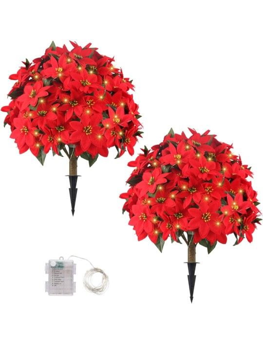 Sunnyglade 27" Set of 2 Artificial Poinsettia Flower Topiary Trees with 100LED Lights, Faux Xmas Decor Poinsettia Tree with Ground Spike, Lighted Fake
