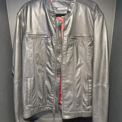John Varvatos Leather Band Collar Moto Jacket