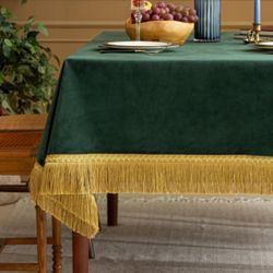 F-CHU Luxury Green Tablecloth Thickset Velvet Tablecloth with Beautiful Gold Tassels Table Cloth for Home Decor Wedding, Party, Banquet and Events 60x