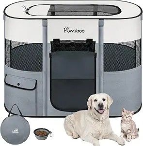 Dog Playpen, with Carrying Folding Bowl, M, Gray (Medium (32"x24"x22"))