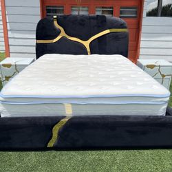 Queen bed frame with two glass nightstands