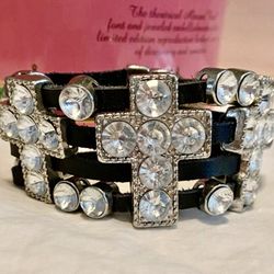 Black Leather Rhinestone Bracelet, Unisex