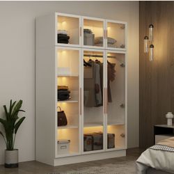 Glass Wardrobe Closet with Lights, Armoires and Wardrobes with Glass Doors and Shelves, Rose Gold Handles, Armoire Wardrobe with Hanging Rod, White