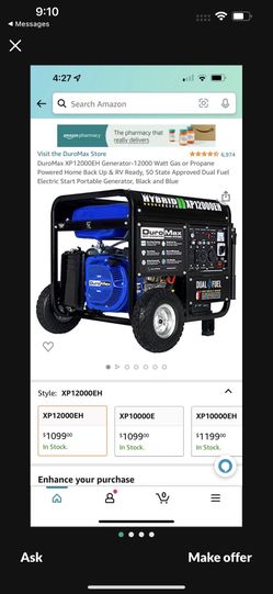Duro Max XP12000EH Generator - 12000watt Gas Or Propane Powered Home Back Up & RV Ready , 50 State Approved Dual Fuel Electric Start Portable Generato