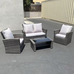 (NEW) $295 Patio 4-Piece Outdoor Wicker Furniture Rattan Set (Sofa 48x26”, Chair 29x26”, Table 34x20”) 