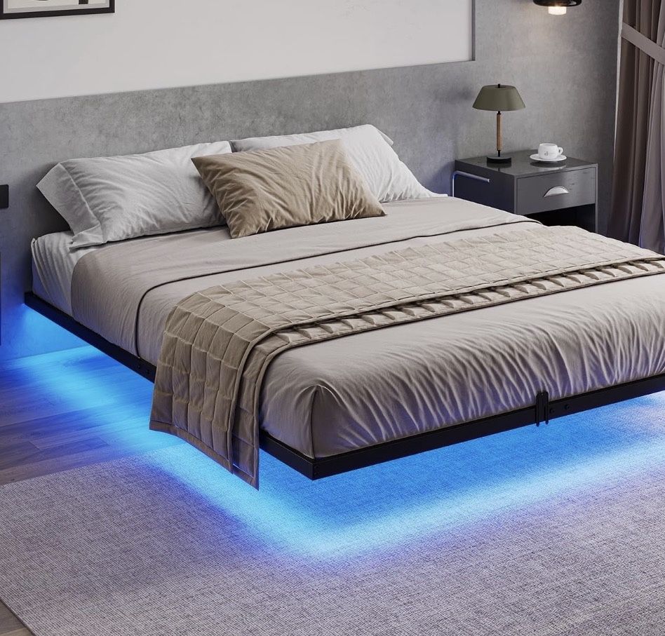 Black Metal Queen Size Floating Platform Bedframe With LED Lighting