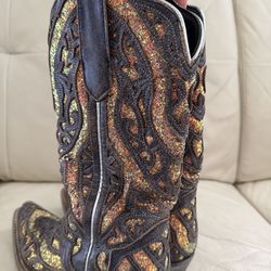 Women’s cowboy boots by J.B. Dillon, size 6B. Genuine dark gray leather with stunning, intricate cutout detailing throughout, beautifully accented wit