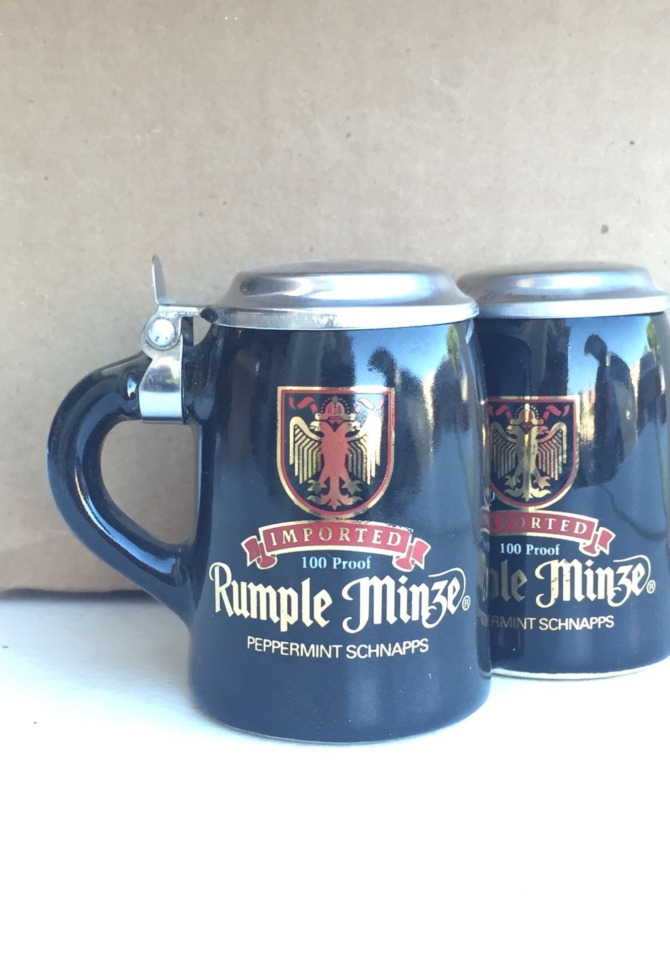 One pair of collector Rumple Minze peppermint schnapps shot glasses.