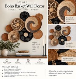 Set of 9 Handwoven Basket Wall Decor – Neutral Woven Wall Art