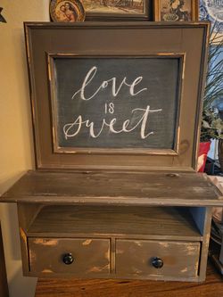 Vintage Wooden Wall Shelf With Chalkboard & Drawers.