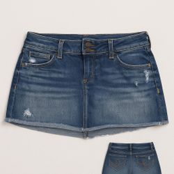 X2 Y2K Denim Micro Mini Skirt – Size 2 – Back Zipper Pockets – Frayed Hem