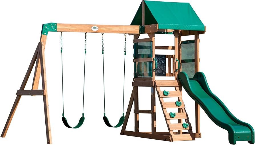 Backyard Discovery Buckley Hill Cedar Wood Swing Set With Wave Slide, Play Deck, Rock Wall Ladder, Belt Swings, Chalkboard, Canopy Roof, Outdoor Plays
