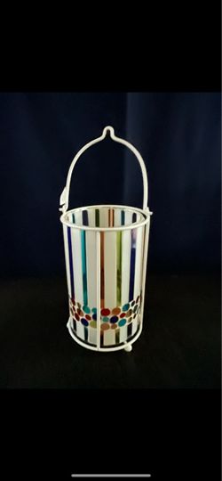 Glass Tea Light Candle Holder with White Metal Carrier