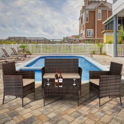 4 PCS Outdoor Patio PE Rattan Wicker Table Set Sofa Furniture w/ Cushion Black 