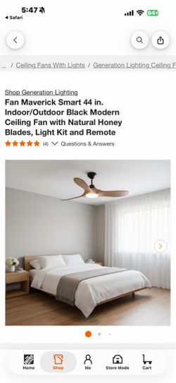 Shop Generation Lighting Fan Maverick Smart 44 in. Indoor/Outdoor Black Modern Ceiling Fan with Natural Honey Blades, Light Kit and Remote