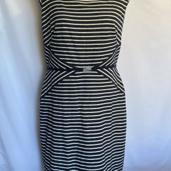 ANN TAYLOR STRIPED PENCIL DRESS,LINED,ZIP CLOSURE,STRETCH,SZ.14 COLOR NAVY/WHITE