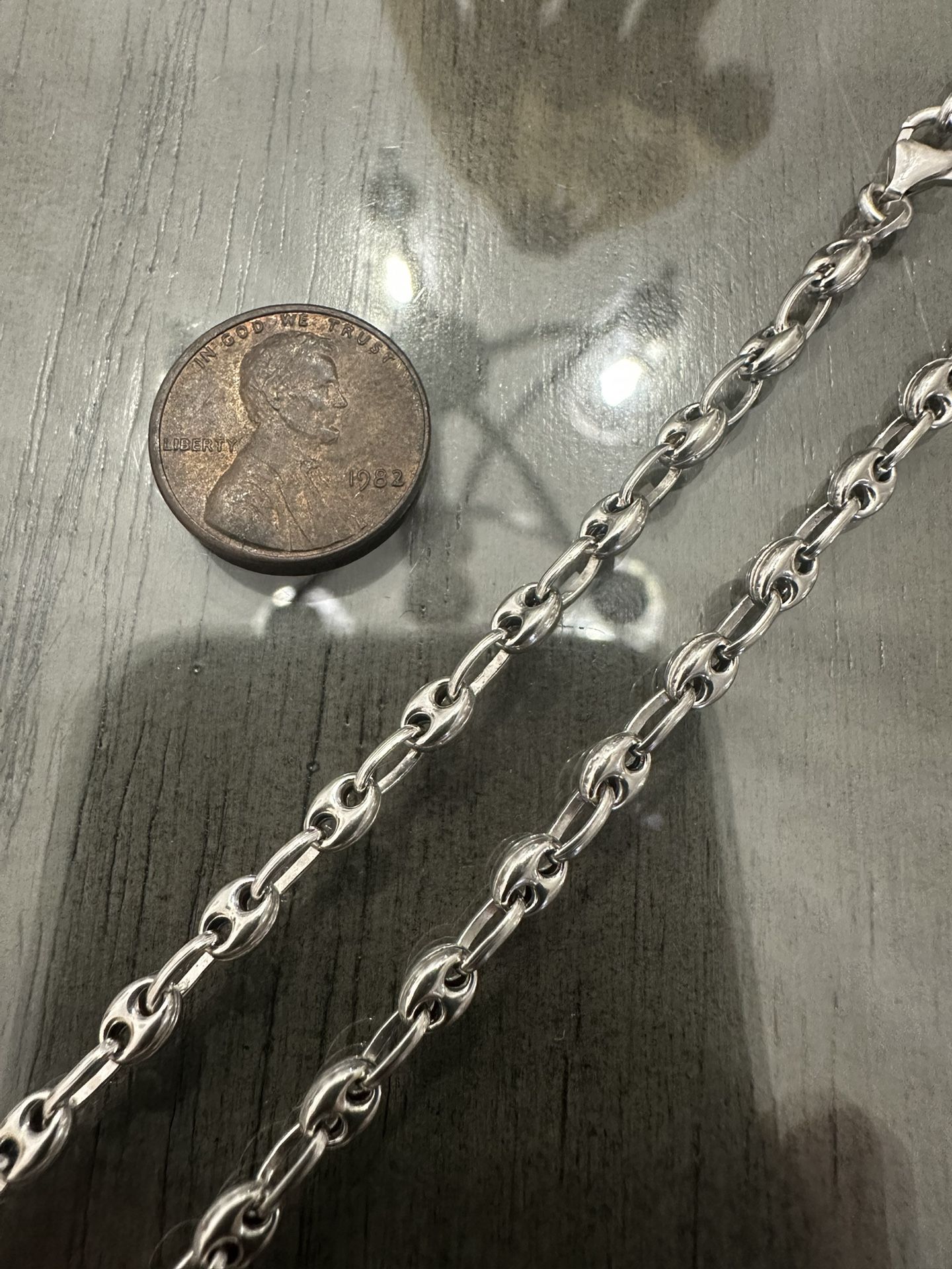 Solid 18k White Gold Puffed Mariner Gucci Link Chain Necklace 26” Length 4mm