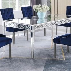 Brand New Blue   Silver Mirrored Velvet 7pc Dining Table Set 