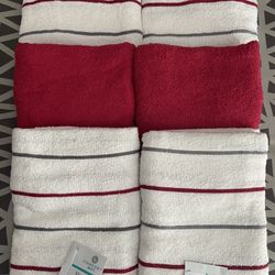Brand New 6pc Comfort Bay Red White Gray Striped & Solid Red 24”x46” Bath Towels Set.