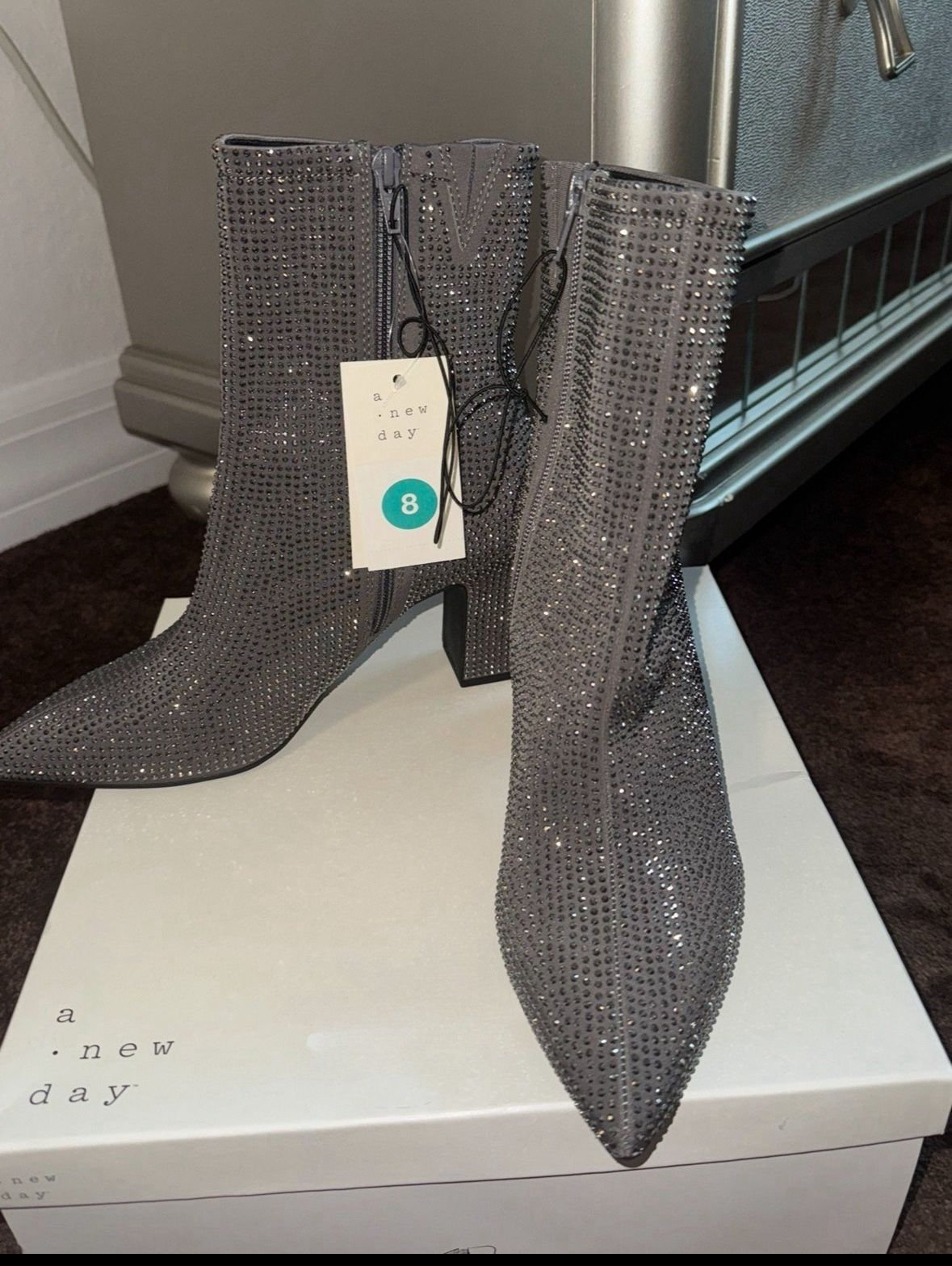 Rhinestoned Silver Gray Heeled Boots