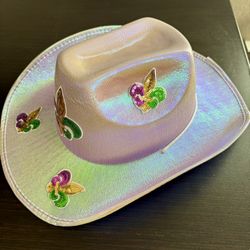 Mardi Gras, Sequined Iridescent space cowgirl hat with fleur-de-lis decoration 