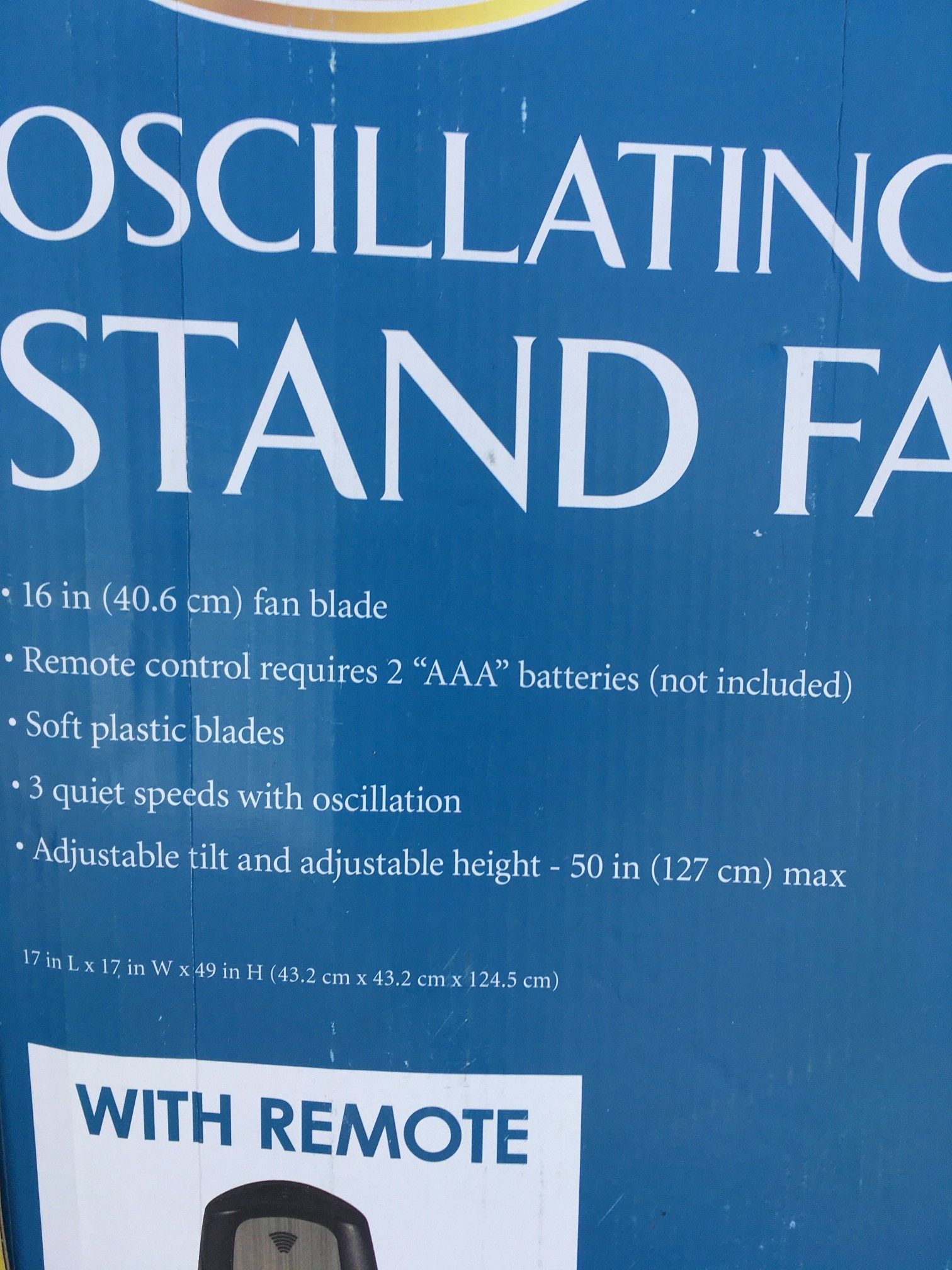 BRAND NEW IN BOX Rite Aid Home Design Oscillating Fan 3-Speed 16” Fan Blade WITH remote Adjustable Tilt and Height 30