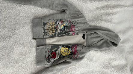 Ed Hardy Gray Zip-Up Graphic Hoodie