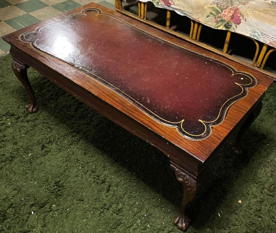 Antique vintage 1940s coffee table with leather insert