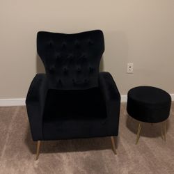 Black Velvet Accent Chair W/ Ottoman 