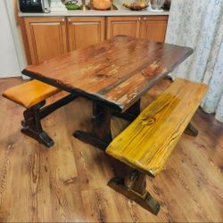 Farmhouse Solid Wood Dining Table & 2 Benches